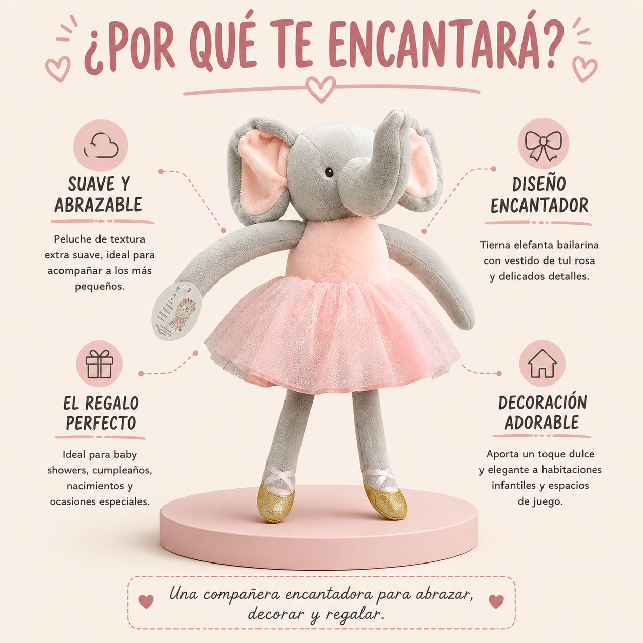 Elefanta Bailarina de Peluche Rosa – Suave y Adorable para Bebés y Niñas