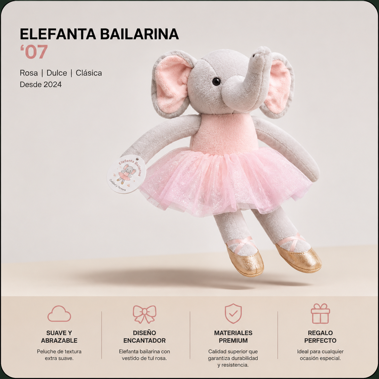 Elefanta Bailarina de Peluche Rosa – Suave y Adorable para Bebés y Niñas